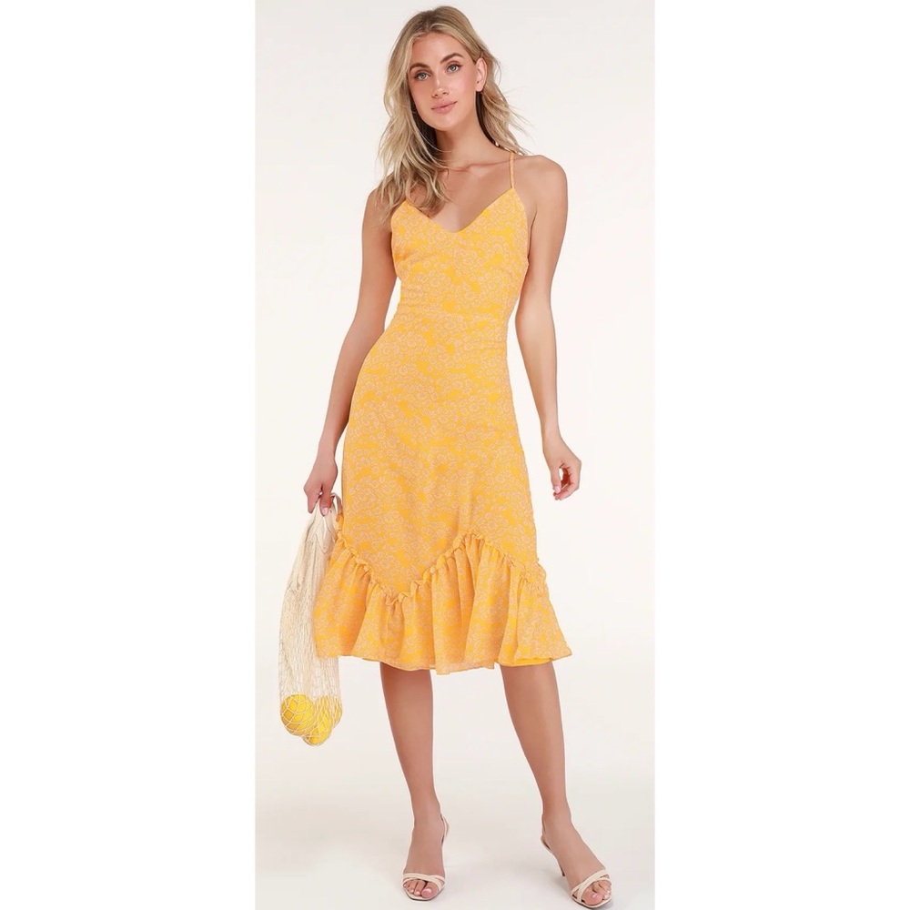 Lulu’s Flirty Fleurs Yellow Floral Daisy Print Midi Dress Size Large